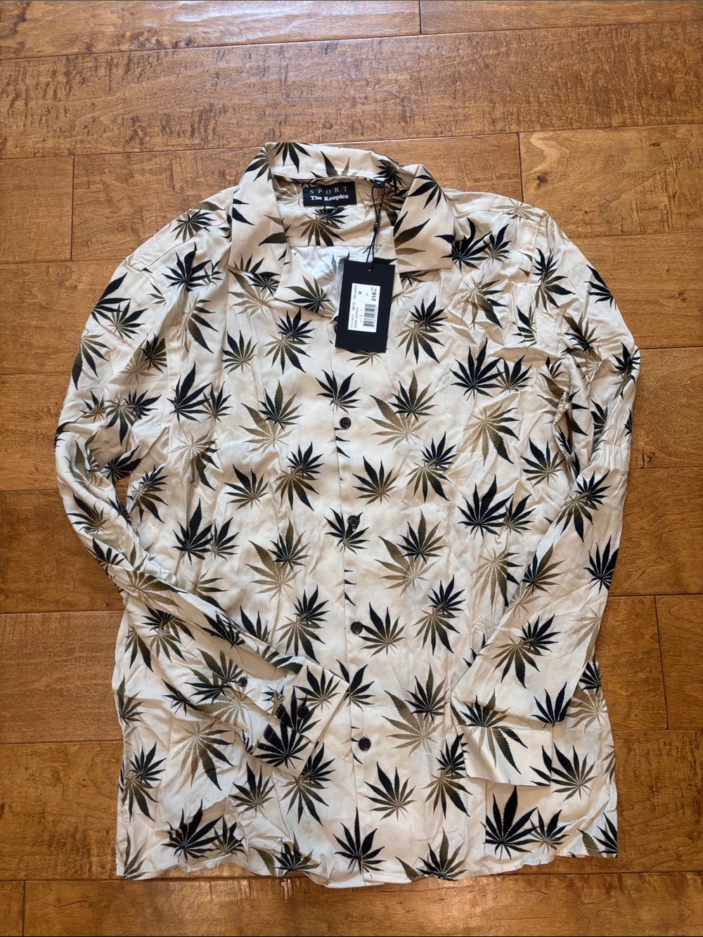 The Kooples Beige Button-Down Shirt with Black and Tan Leaf Print